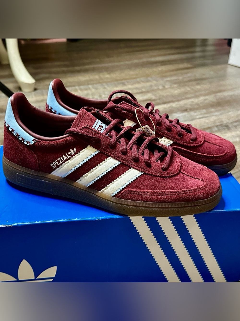 adidas Handball Spezial Burgundy Suede Sneakers with White Stripes